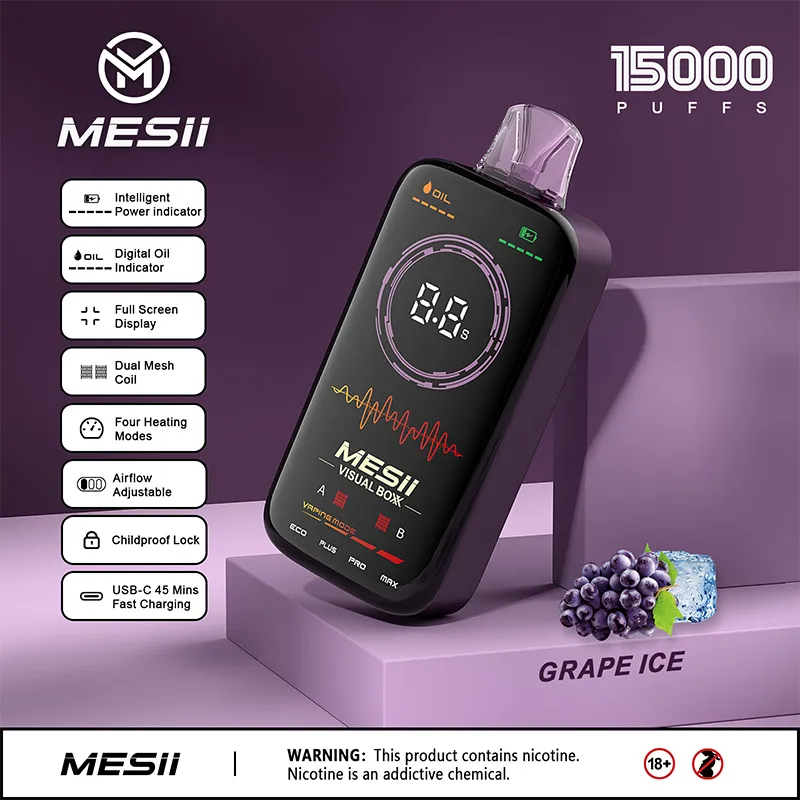 Original Mesii Visual Box 15K Disponible Vape Pen Dual Coil 15000 Puffs Electronic Cigarette 18 ML Förfylld POD 600mAh Batteri Aiflow/Watt Justerbara ångor