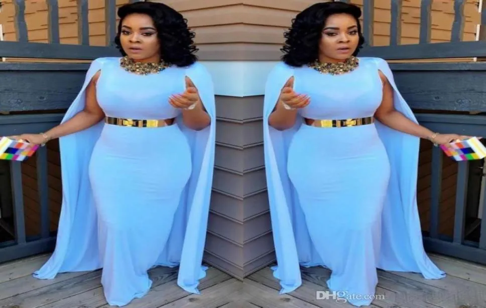 Light Blue Plus Size Cape Style Evening Dresses 2017 Sheath Floor Length Evening Gowns Aso Ebi South African Women Formal Party Dr5792212