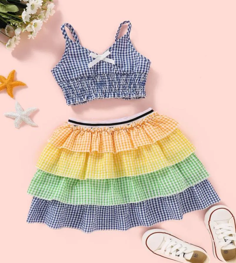 Retailwhole girl colourful plaid dress tracksuit Clothing Sets 2pcs set bow vest toppleated skirt girls outfits children Des2871885
