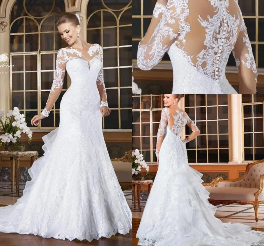 2022 Vintage długie rękawy Suknie ślubne syrenki Zastosowane koronkowe guziki warstwy tylne sukienki panny młodej Vestidos de novia szatę de 3592479