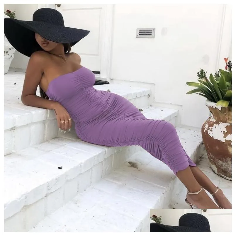 Basis Casual jurken Zomer Women y Off Shoder Backless Ruched bodycon vrouwelijke Bandeau Strapless Club geplooide schede drop levering Appa DHZL1