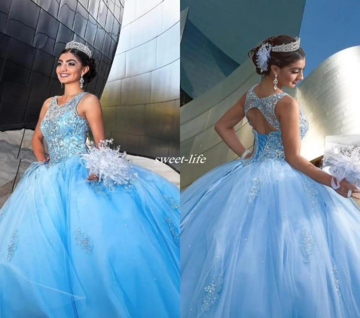 Light Sky Blue Sweet 1516 Party Débutantes Boes Backless Hise Neck Crystals Sparkly Sequins Tulle 2019 Quinceanera Dress4097996 Custom