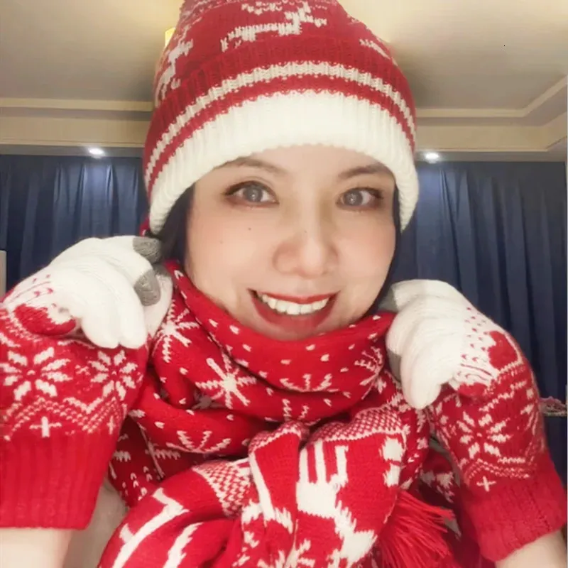3Pcs Winter Hat Scarf and Touchcreen Gloves for Women, Red Winter Knitted Hat And Scarf Gloves Set For Women Thick Warm  main image 4
