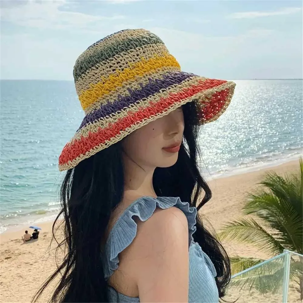 Wide BriM Hats Eimer ETHNIC TOURISMUS STRAW HAT 2024 NEUE HAT Women Summer Sun Touristen Strand Q240403