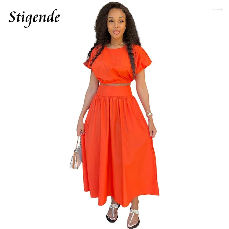 Work Dresses Stigende Loose Fit 2 Piece Skirt Sets Outfits Women Casual Clothes Elastic Waist Crop Top And Long