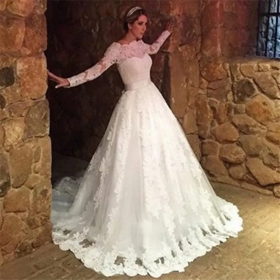 Dresses Vestido de noiva Long Sleeve Lace A Line Wedding Dress Custom Made Scoop Neck Robe De Mariage Vestido de casamento Novia