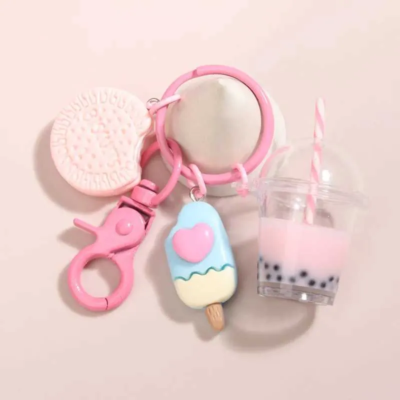 Keychains Lonyards mignon glace bubble thé biscuit rose key anneaux amitié pour le meilleur ami féminin fille sac à main bijoux Q240403