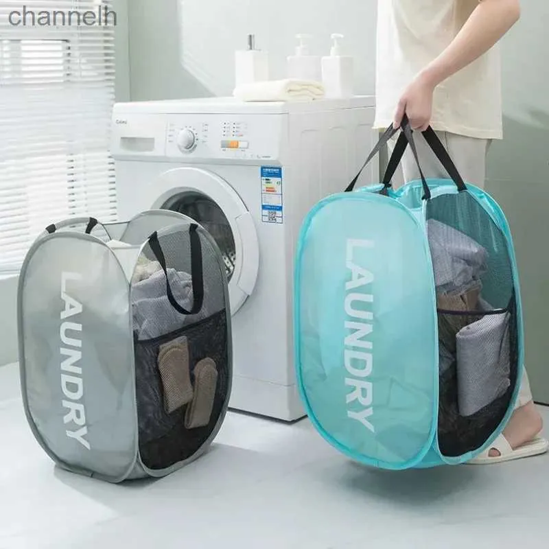 Paniers de rangement Panier à linge pop-up pliable Mesh Mesh haute capacité lavable Vêtements sale jouets de rangement de salle de bain Hamper Sac latérale POCHETS YQ240407