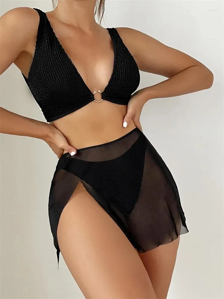 Kvinnors badkläder Bikini Kvinnor Swimsuit 2024 Black Sling V Neck Ribbed Bikinis Set Thong Summer Three Piece Beach Bathing Suit Female