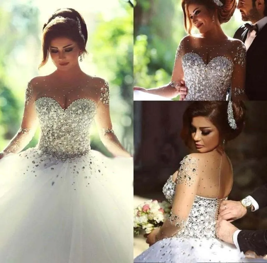 Long Sleeve Wedding Dresses with Rhinestones Spring Quinceanera Dress Crystals Vintage Bridal Gowns Backless Ball Gown Vestidos De7006554