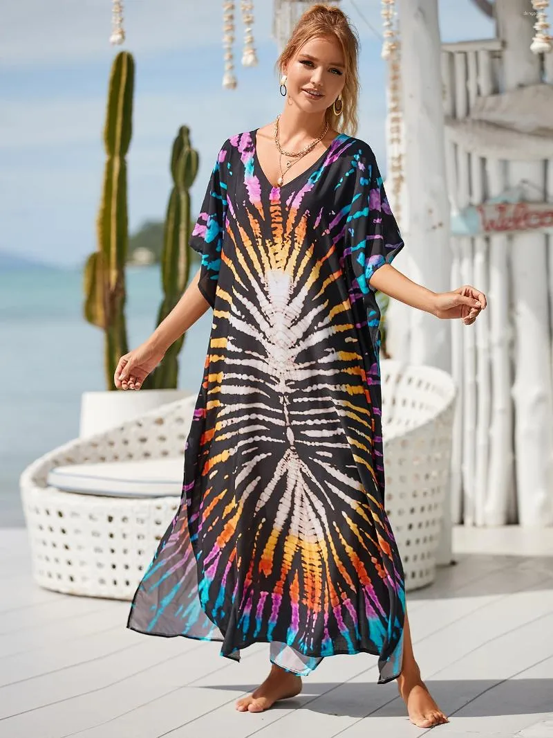 Boho tryckt kalkonstrandklänning strandkläder täcker kvinnor sommar sexig v hals överdimensionera kaftan baddräkt bikini cover-ups q1476