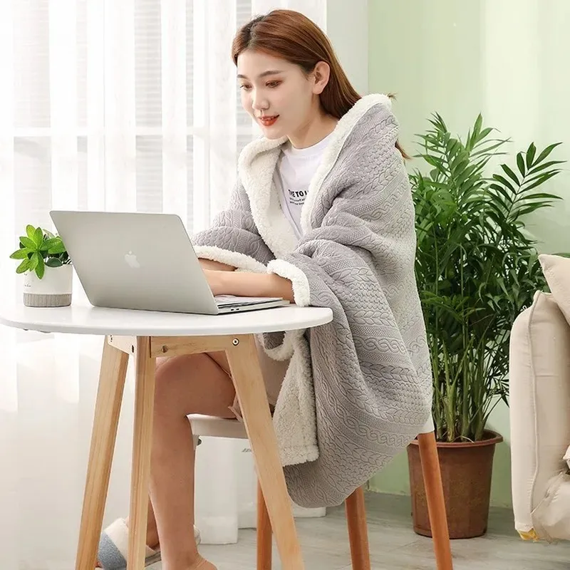 Blanket Wearable Flannel Plush Shawl Heating Plaid on The Sofa Warm Blanket Hoodie Winter Office Cover Leg Blanket Scarf Women