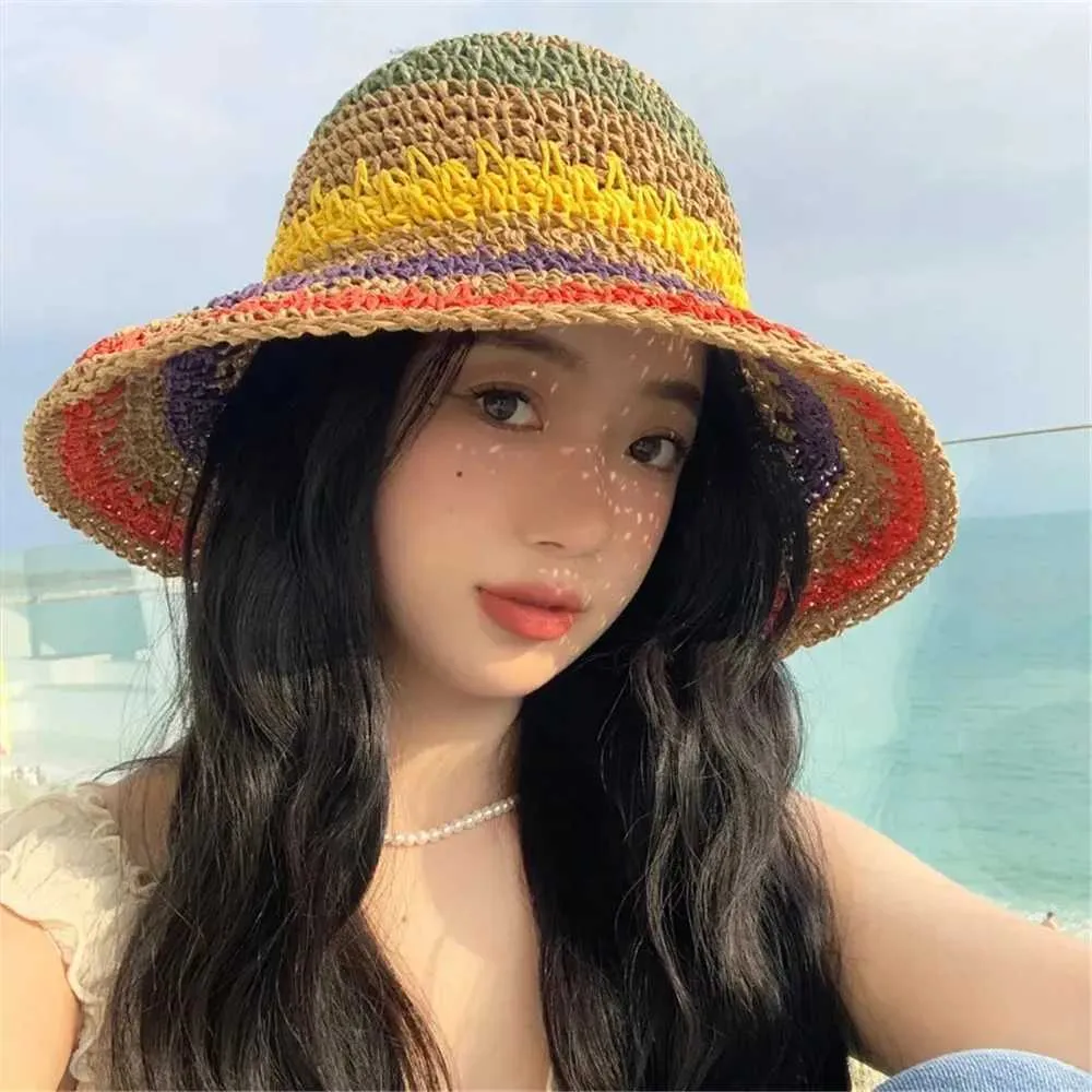 Wide Brim Hats Bucket Ethnic Tourism Straw hat 2024 New Hat Women Summer Sun Tourists Beach Q240403