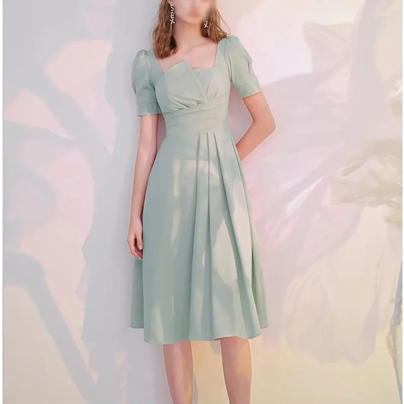 Party Dresses Bubble Short-sleeved Small Dress Skirt High-quality Temperament Waist And Thin Green Irregular Neckline Knee-length