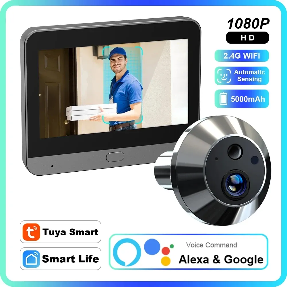 Dörrklockor Smart Tuya 1080p Peephole Camera WiFi 2.4G Door Automatic Sensing Alexa Google Wireless Doorbell For Home Magic Eye Door Camera