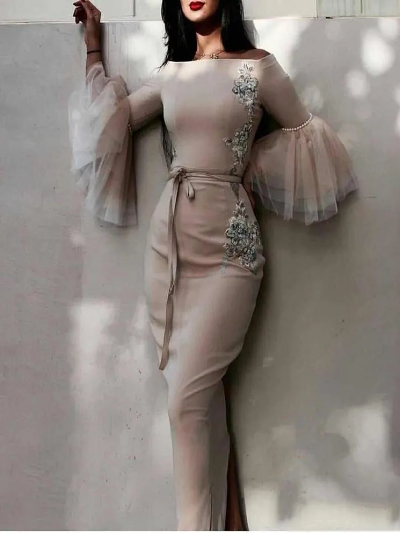 2020 nowe eleganckie długie rękawy Sukienki wieczorowe aplikacje Hafty Haftowane na ramię Formalne suknie wieczorowe