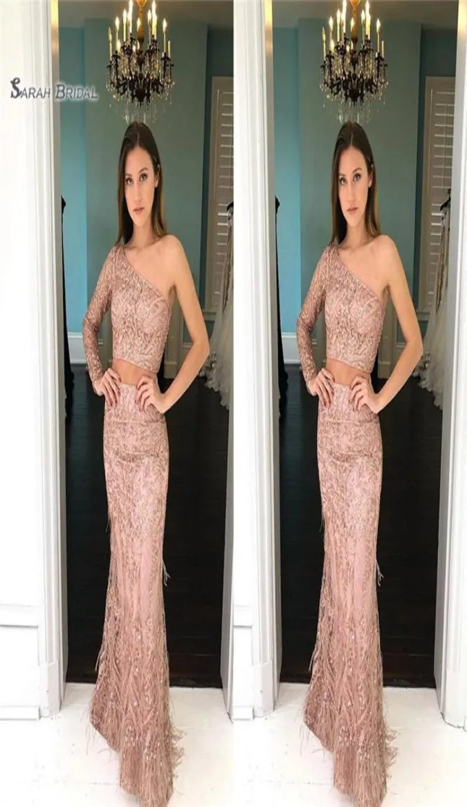 2019 Sexy One Shoulder Twopeage Mermaid Beads Long Sleeve High End Quality Evening Party Feestjurk S7317598
