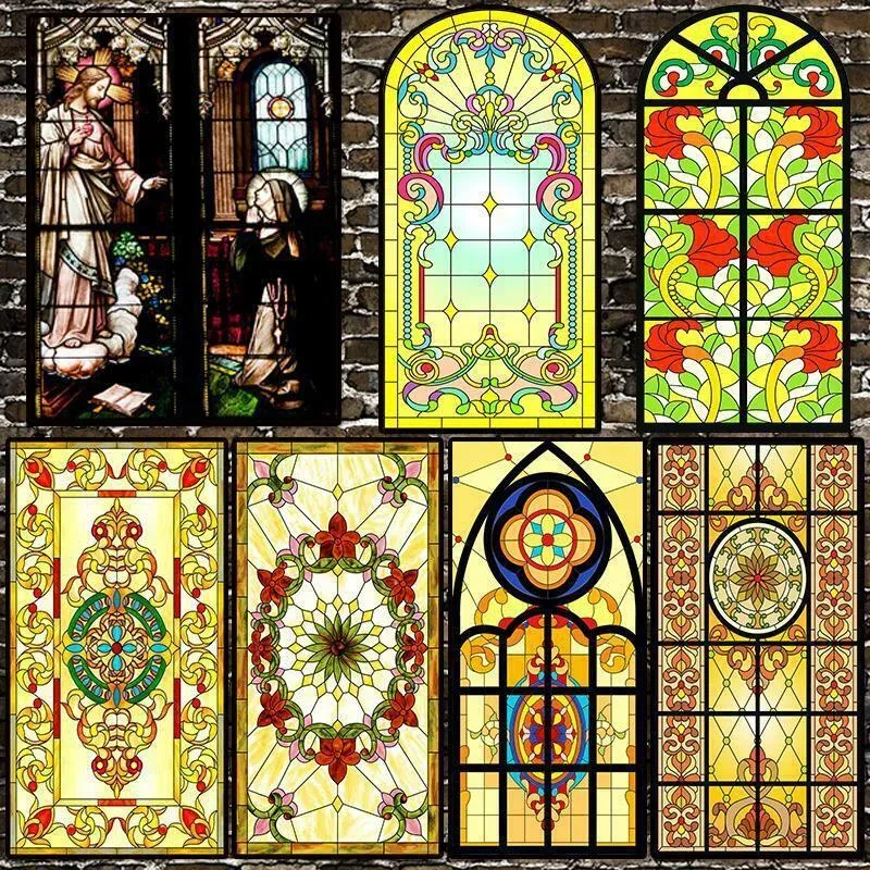 Films Privacy Windows Film Frosted Stained Glass Vintage Window Stickers Selfadhesive Chapel Cling Church Style Glass Sticker