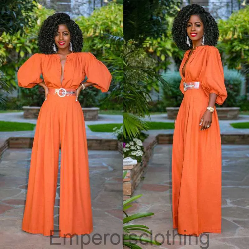 Two piece jumpsuit with single breasted wide color pile up sleeves and loose pure jumpsuit