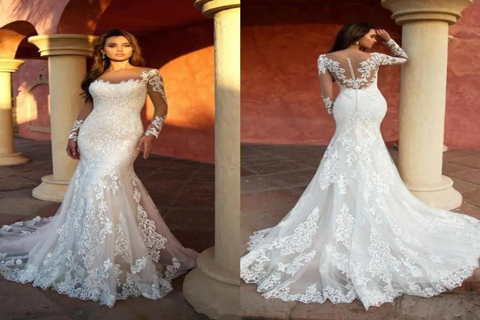 2021 Designer Full Lace Mermaid Wedding Dresses Elegant Long Sleeves Appliqued Lace Bride Dress Illusion Wedding Gowns robe de mar5879497