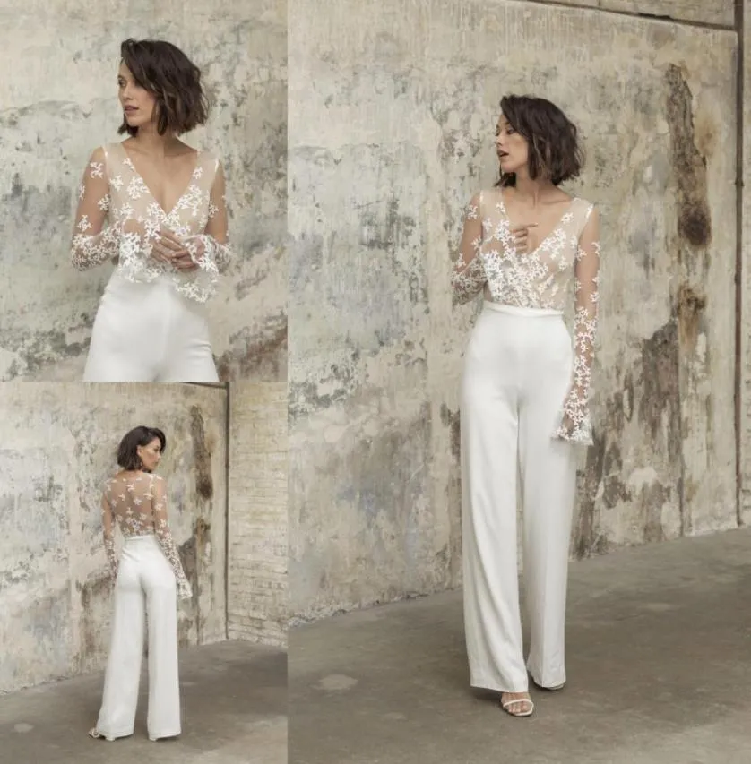 2021 Overallits Bridal Outfit Strand Brautkleider Knöchel Länge Spitze Langarm Bräute Empfangskleider Scheide Boho Frauen Hosen S2300647