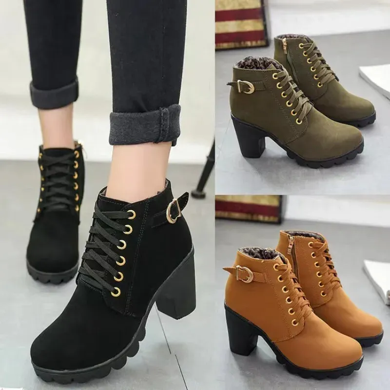 Fashion Pu Leather à cheville Boot 2023 AUTUMN CEINE HAUTES HAUTES FEMME FEMME FEMMES FEMMES COUCLE BOUCLE LACE UP CONCUTHER