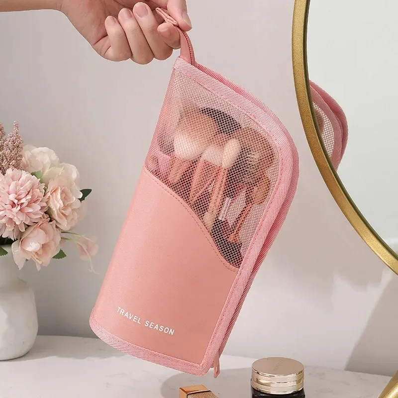 Saco de cosméticos de 1 PC Stand para mulheres Bolsa de maquiagem com zíper transparente viagens femininas machabolas de machip de mata