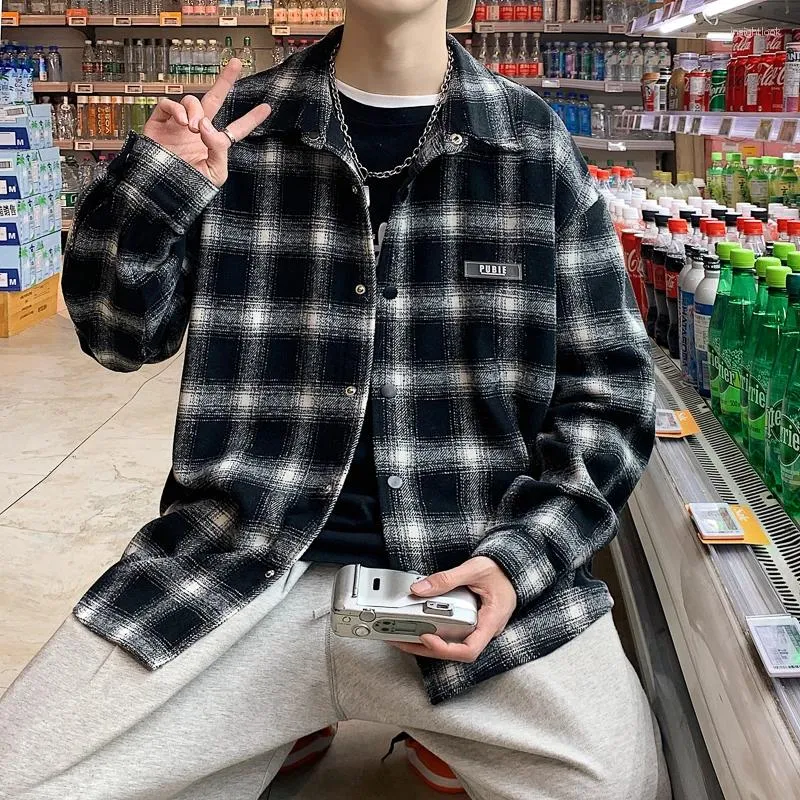 Korean Flannel Outfits Men Plaid Flannel Shirt Long Sleeve Men's