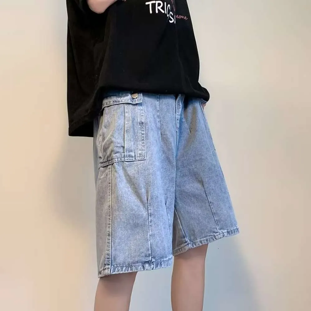 Summer American Casual Ruffian stilig high-end stora ficka arbetskläder denim shorts mäns lös och trendig fem poäng byxor koreansk version