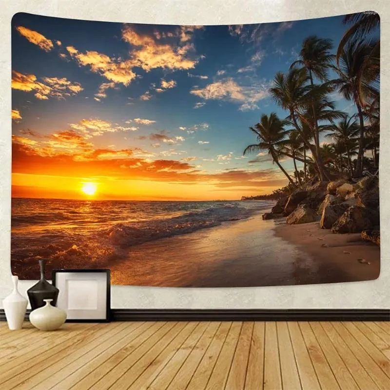 Tapisserier Ocean Tapestry Wall Hanging Art Beach Palm Tree Landscape Estetic For Bedroom vardagsrum sovsal