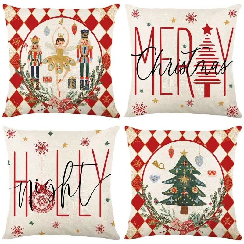 Oreiller 4 PCS / Set Linen Christmas Cover Cartoon Snowflake Printed Sofa tai-tase 45x45cm Party Home Decor