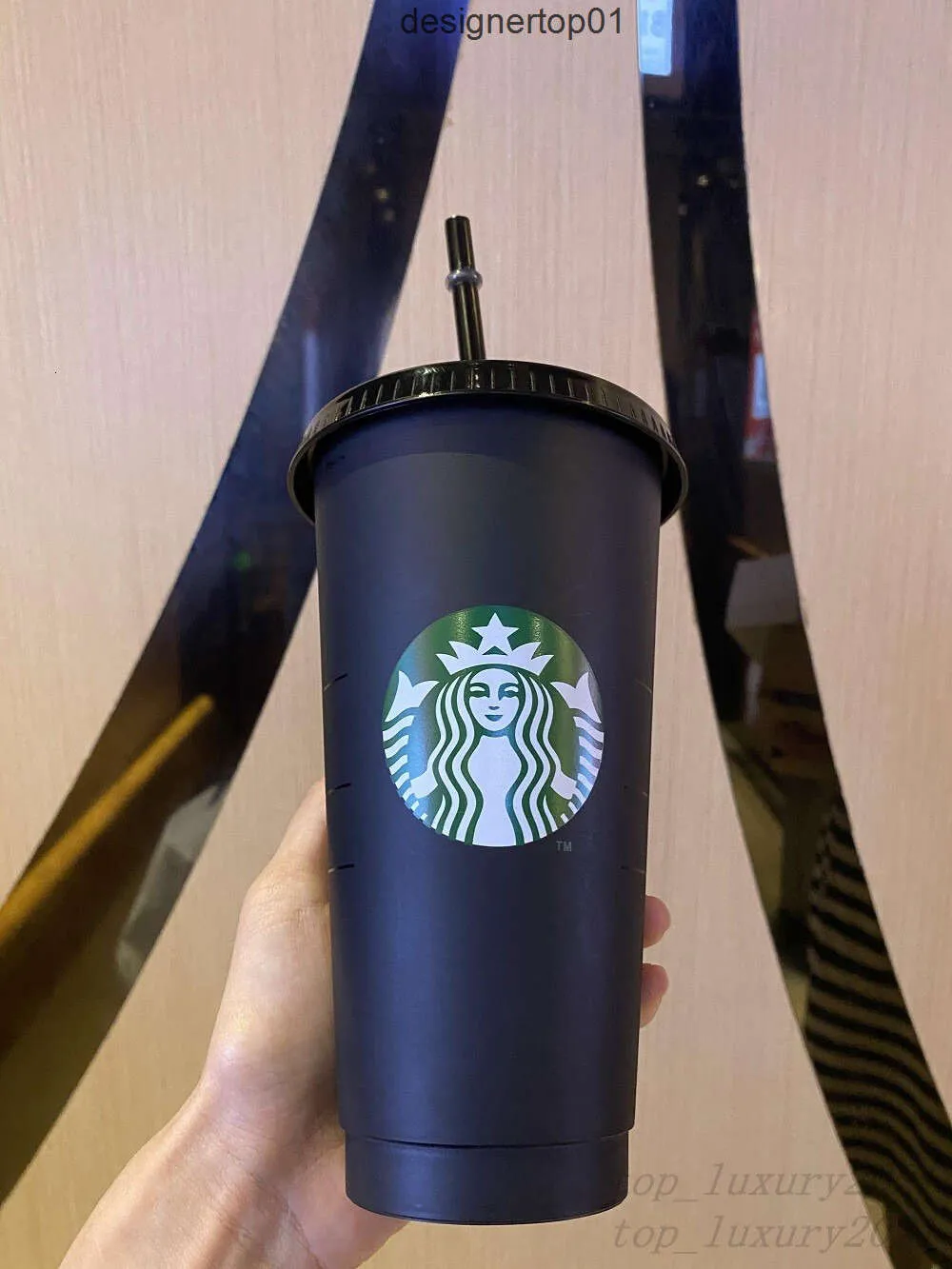 Stanleliness Starbucks 24oz/710ml Plastic Tumbler Reusable Black Drinking Flat Bottom Cup Pillar Shape Lid Straw Mug WEWF