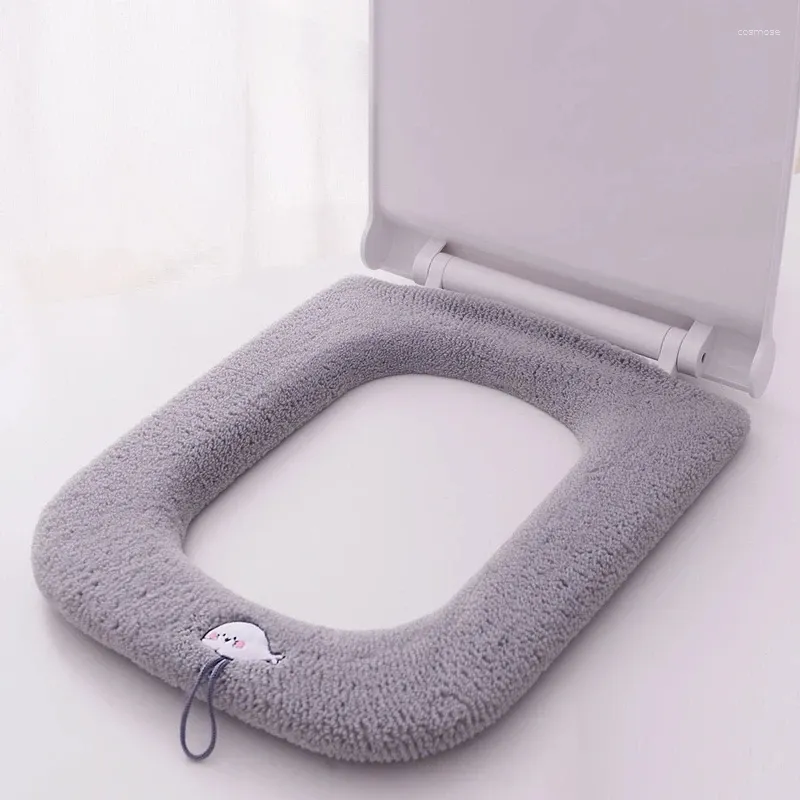 Toilet Seat Covers Simple Solid Color Square Mat Soft Short Plush Universal Cover With Handle Home Dust-proof Ring