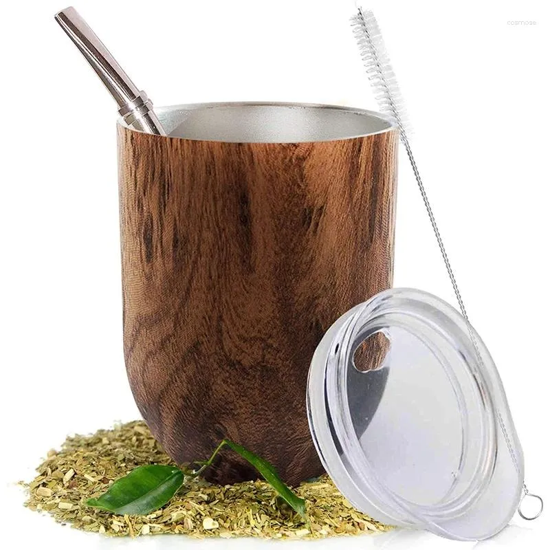 Teaware set Yerba Mate Gourd Tea Cup Set Double-Wall rostfritt kaffevattenfiltersked och borste med lock 1 Bombillas sugrör 12oz