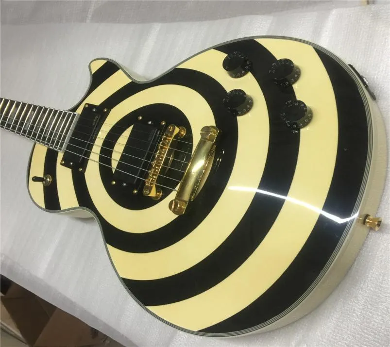 カスタムショップZAKK WYLDE BLACK ED BULLSEYEYEYイエローエレクトリックギターメープルネックフィンガーボードホワイトパールブロックインレイコピーE7635416