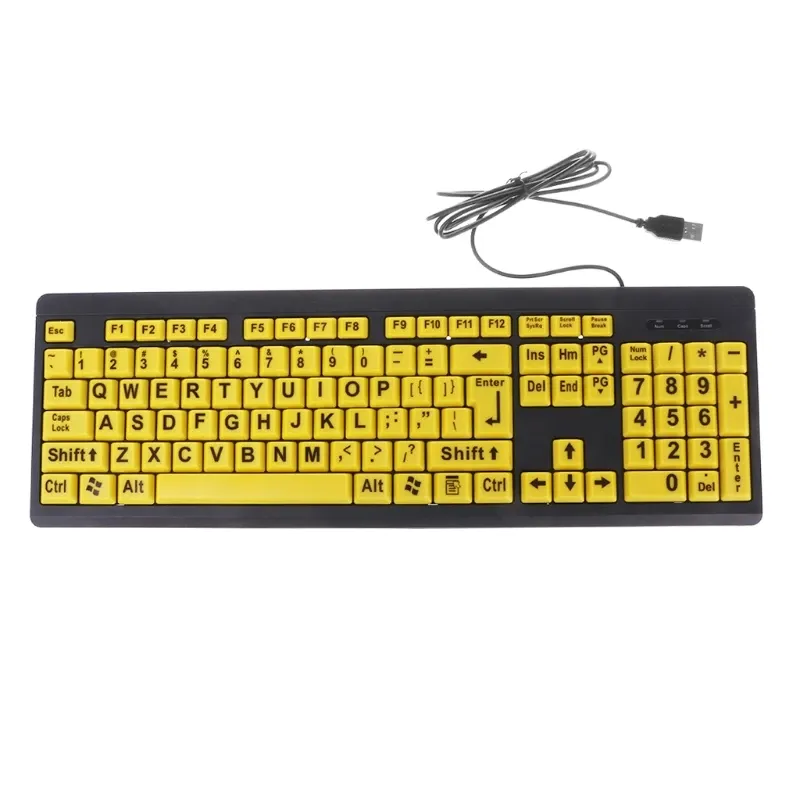 Tangentbord släpp grossist USB trådbundet tangentbord stora svart bokstaven utskrift gult knapp tangentbord för äldre låg syn
