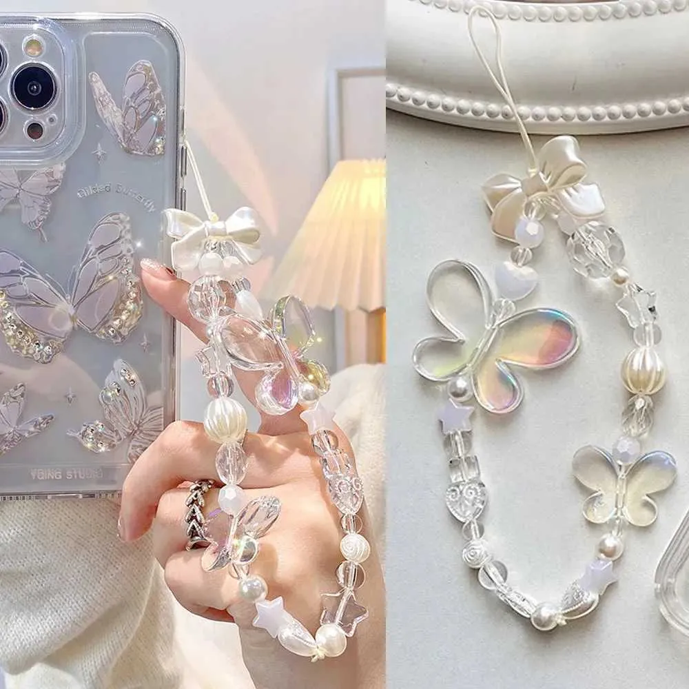 Phone Bracelet Strap Butterfly Pearl Acrylic Beaded Mobile Phone Chain Strap Girls Phone I Phone Charm