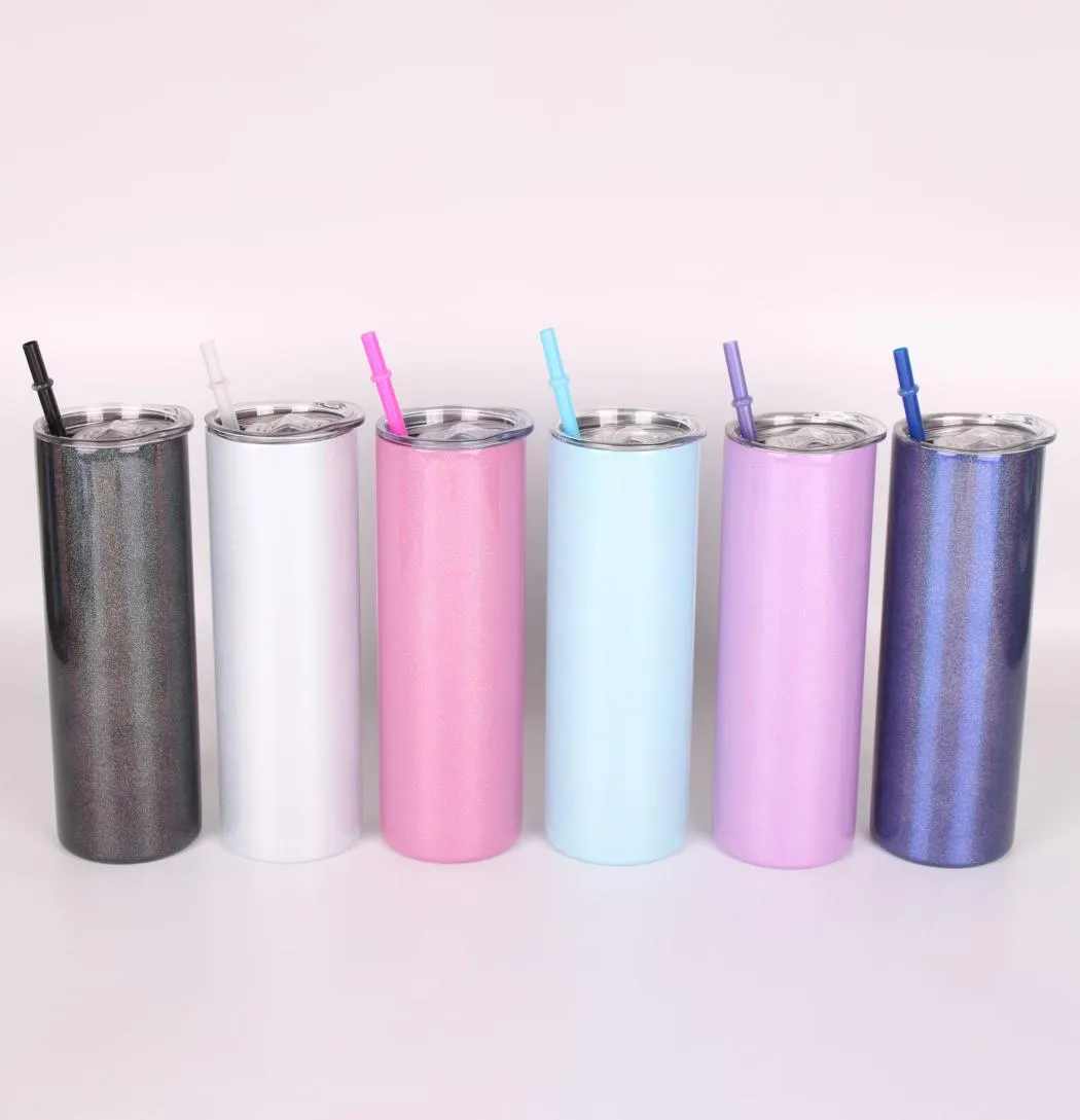 Sublimation paillette à paillettes 20oz gobelets skinny paille arc-en-ciel couvercle double mur en acier inoxydable vide isolée tasses de consommation d'alcool portable3854355