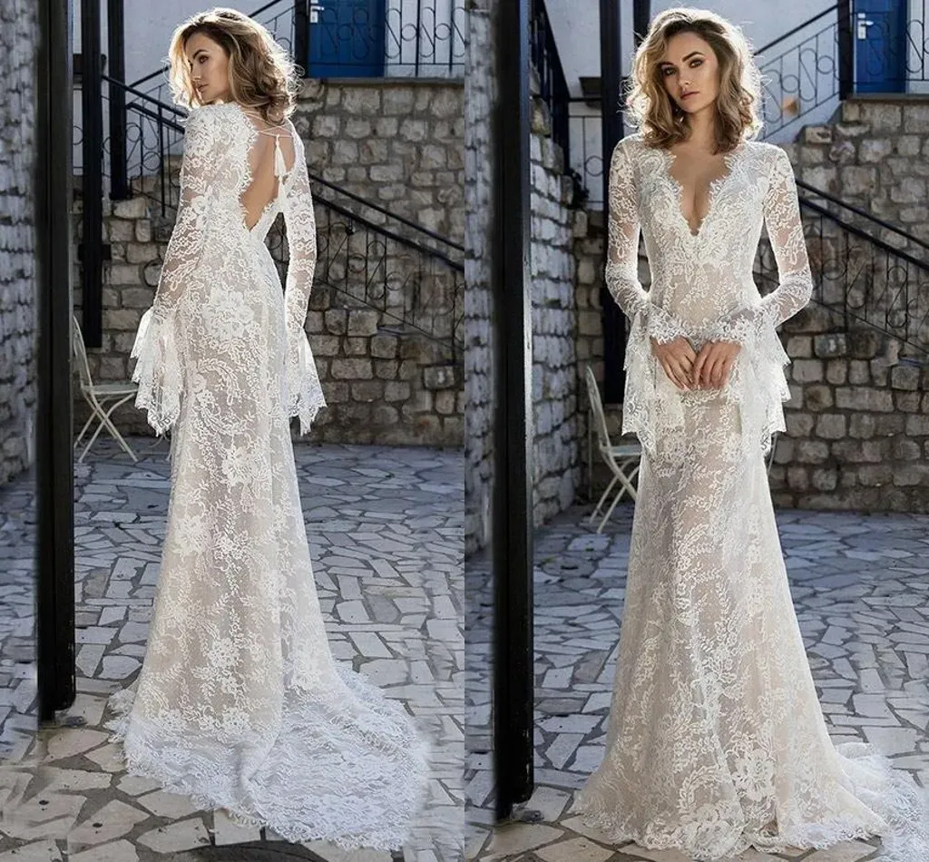 Dresses Boho Juliet Long Sleeve Berta Wedding Dresses Deep Vneck Romantic Lace Beach Wedding Dress Bridal Gowns Country Bridal Dress