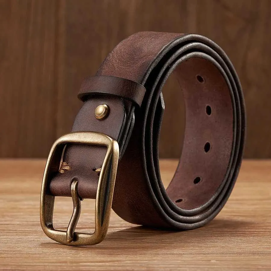 Ceintures épaisses en cuivre en cuivre boucle boucle en cuir authentique jeans à la mode ceinture décontractée à la mode
