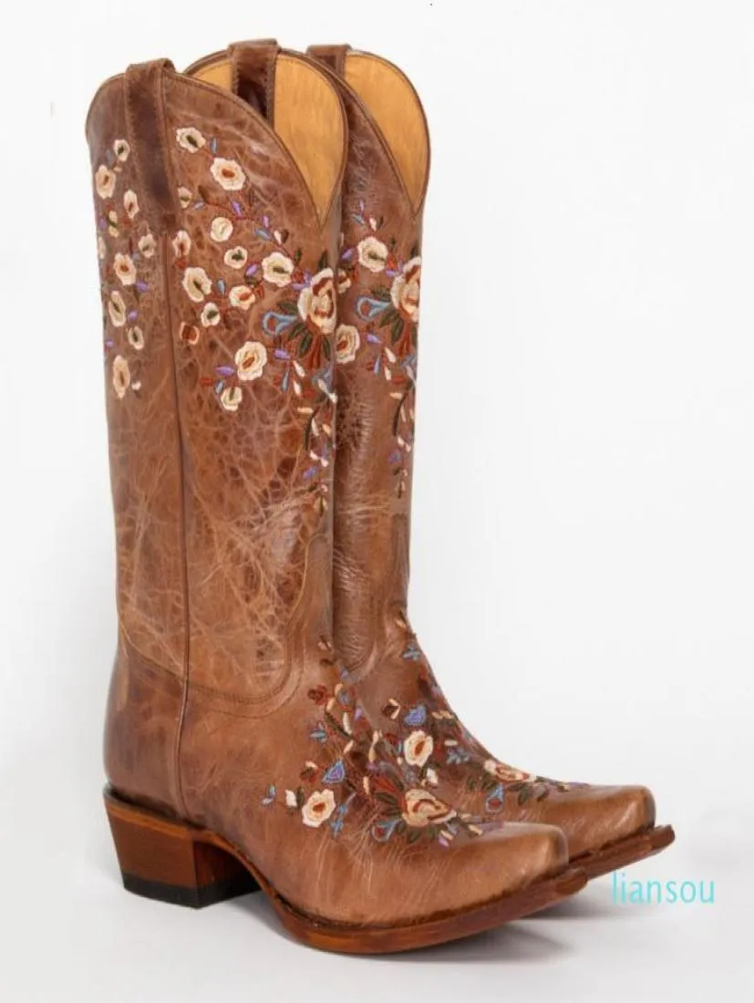 Mode florale gestickte Cowgirl Knie hohe Leder -Vintage Reitschuhe Stiefel Frauen3895253