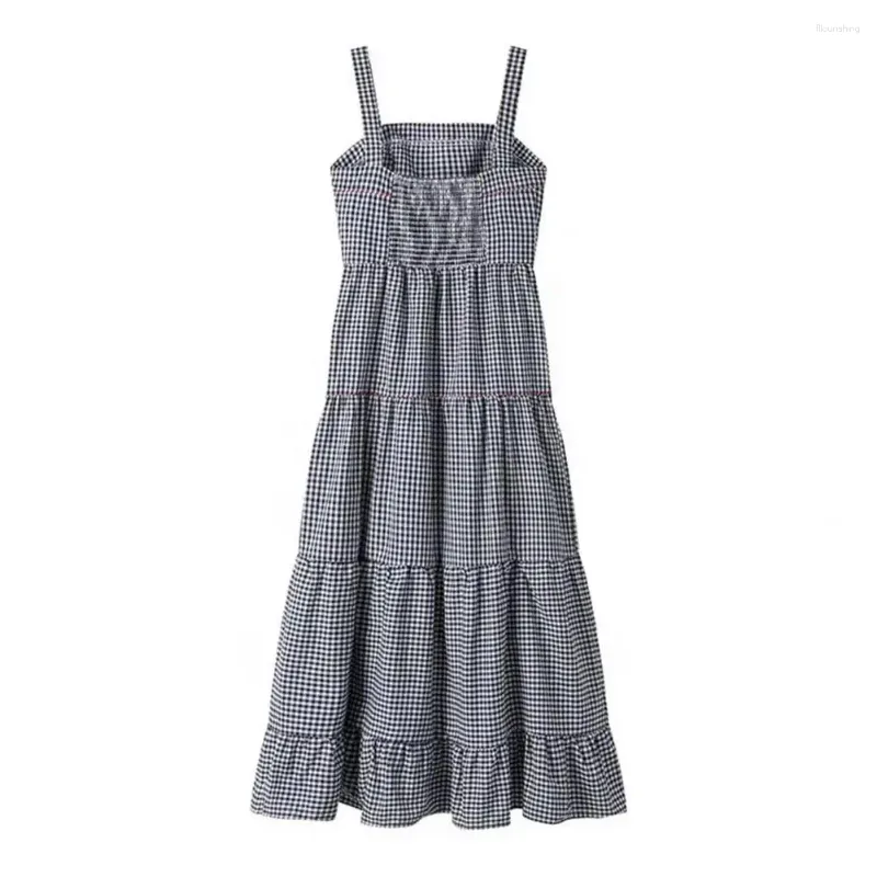 Casual Dresses Summer Women Dress Lobster Embroidery Sleeveless Plaid Square Neck A-line Loose Hem Patchwork Vacation Beach Midi