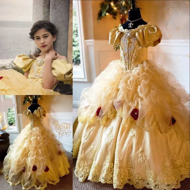 Dresses Beauty Bella Princess Girls Pageant Dress Handmade Flowers Crystal Appliques Ball Gown Toddler Birthday Dress Fairy Tale Flower Gi