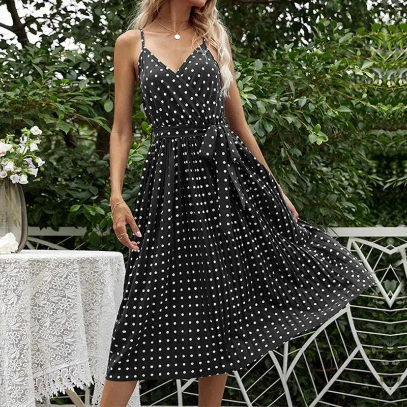 Vestidos casuais polka pontas de verão vestido de verão mulheres cinto orvalho ombro de pescoço spaghetti tira elegante midi para