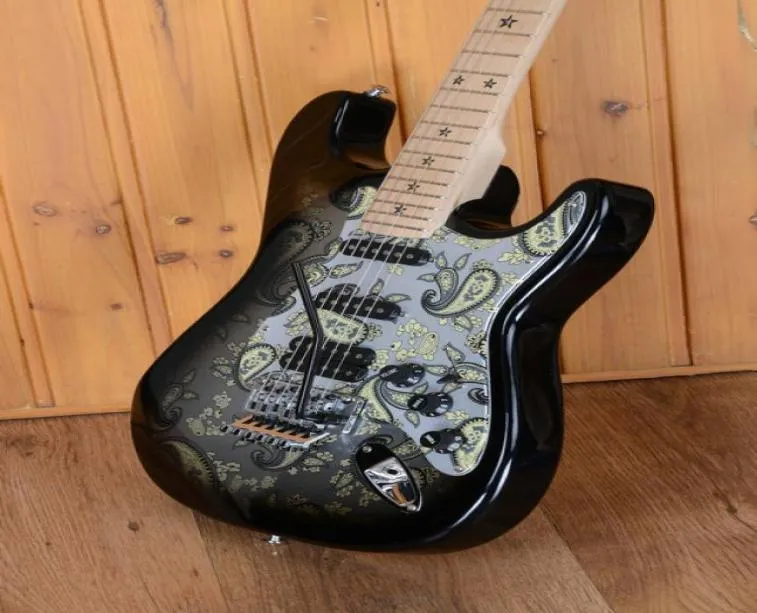 متجر مخصص ريتشي سامبورا Signature ST 1996 Black Paisley Electric Guitar Piisgey Pickguard Floyd Rose Tremolo SSH Pickups Sta8032522