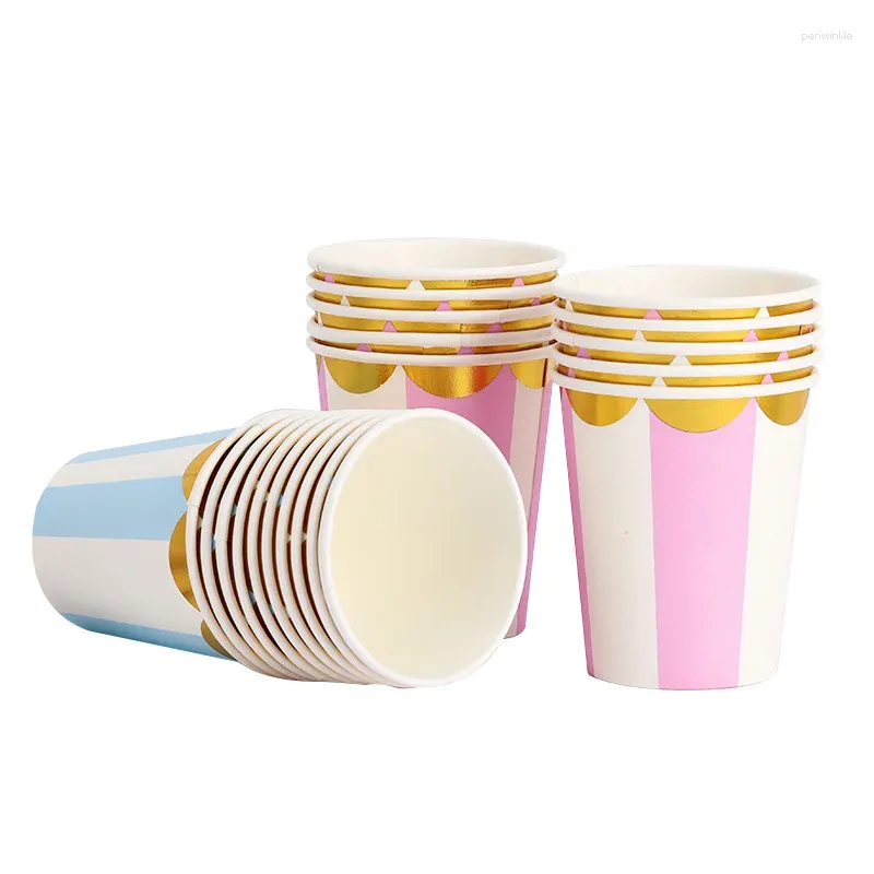 Disposable Cups Straws 400 X Bronzing Stripe Blue&Pink Paper 9oz/250ml Thickening Picnic Home Birthday Party Tableware Supplies