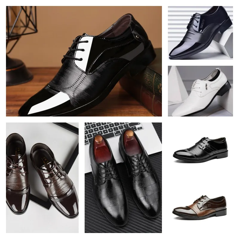 2024 Toppdesigner Multi Style Leather Men Black White Casual Shoes, Stor storlek Business Dress Pointed Tie Up Wedding Shoe