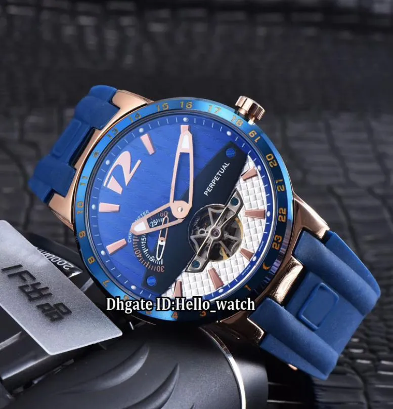 Дешевый новый 42 -миллиметровый исполнительный директор El Toro Blue Dial Tourbillon Автоматическое движение мужские мужские часы Rose Gold Blue Rubber Strap