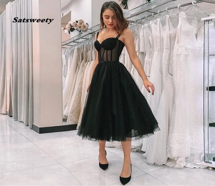 New Arrival Illusion Black Prom Dress Spaghetti Strap Polka Dot Tulle Tea Length Formal Party Gowns Short Vestido De Festa3550585