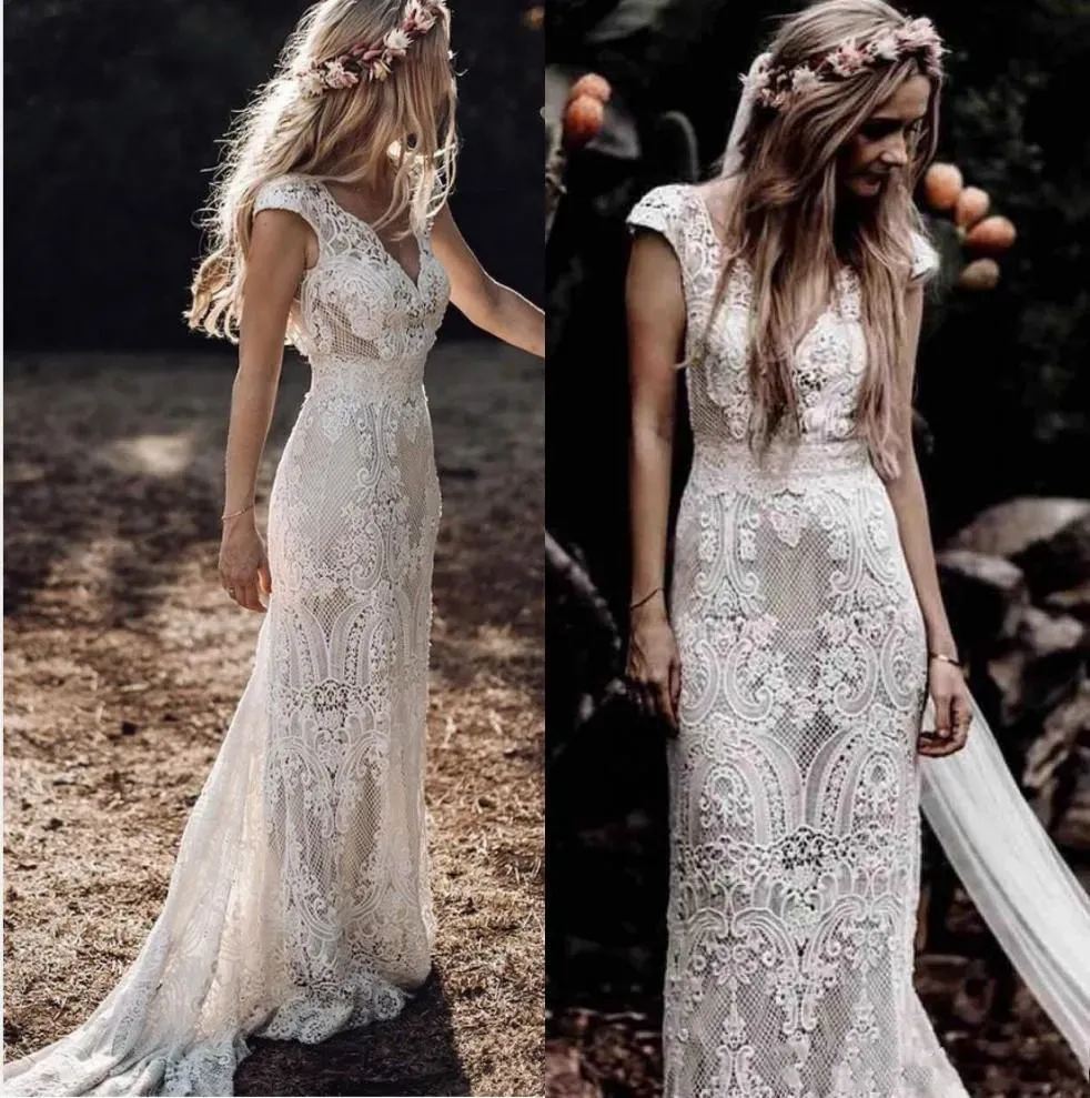 Kleider Gothic Hippie Lace Country Hochzeitskleid 2021 Herbst gegen Halskappe